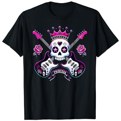 Cute Punk Skull Princess Rockstar Guitar Band Rock'n Roll T-Shirt