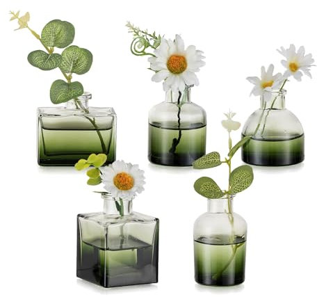 Hewory Kleine Vasen für Tischdeko Esstisch: 5er Grün Mini Vasen Set Verschiedene Kleine Glasvasen Set für Tisch Deko Wohnzimmer - Modern Blumenvase Glas für Hochzeitsdeko Home Schlafzimmer