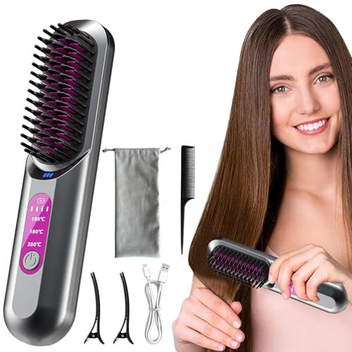 Leogony Rechargeable Portable Cordless Hair Straightener Brush, 5000mAh USB Anti-Scald Negative Ion Hair Straightener Styling Comb for Women
