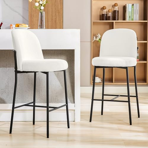 LONXIU Barhocker 2er Set mit Rückenlehne und Fußstütze, Sitzhöhe 71cm Barstuhl Küchenstuhl Bouclé-Gewebe Metallgestell, Hausbar, Esszimmer, Weiß