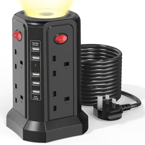 HAFINO Tower Extension Lead 5M with USB Slots and Night Light, 4 Switches | 8 Way Socket Extension Tower (13A 3250W) 5 USB-A Ports, Surge Protected Extension Cable for Home, Office, Black