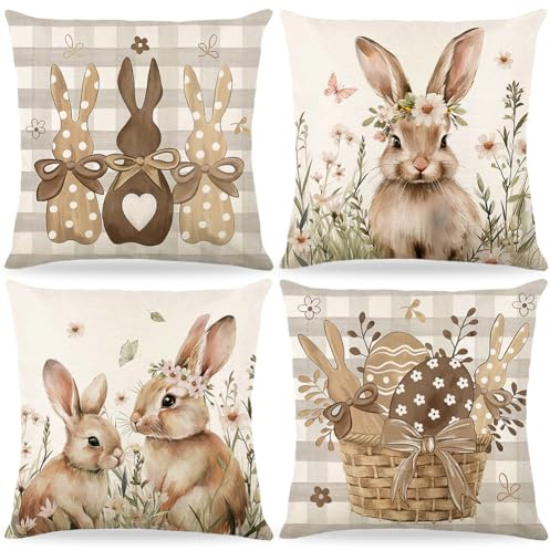 4 Pezzi Federe per Cuscini Pasquali 40x40cm,Federe per Cuscino Pasquale Coniglio,Federa per Cuscino in Lino,Pasqua Stampato Federa,Motivo Coniglietto Pasquale,Per Divano Decorazione Della Casa (B)