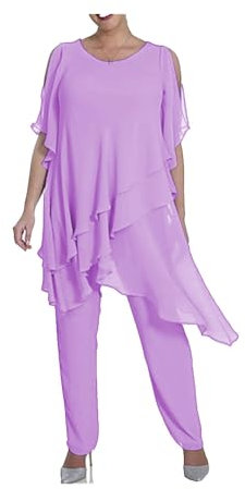 Traje de pantalón para madre de novia, talla grande, media manga, 2 piezas, traje formal de gasa para invitados de boda, Lila, 36