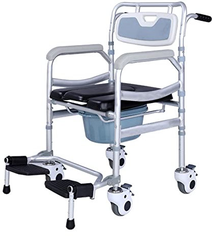 Toilettenstuhl mit Rollen, höhenverstellbarer Toilettenstuhl mit gepolstertem Sitz, faltbares Pedal und feststellbare Rollen, Nachttischkommoden, Transportrollstuhl, Duschstuhl für ältere Menschen mit