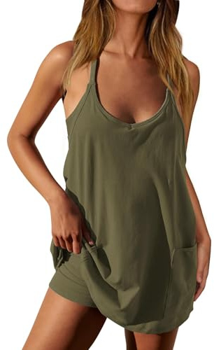 XIAOKS Damen Sommer Mini-Strampelkleid Workout Tennis Aktivsport Athleisure Outfits eingebaute Shorts Trendy Urlaub Tenniskleid Shorts Ärmellose Spaghettiträger Kleider(Army Green,S)