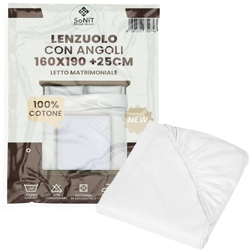 SONIT - Lenzuolo con Angoli Matrimoniale 160x190 cm Bianco - Lenzuolo con Angoli Matrimoniale Cotone Traspirante - Lenzuola Matrimoniali Facile da Lavare