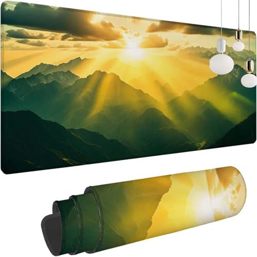 Coucher Soleil Montagne Gaming Tapis de Souris XXL, 800x300x3mm Clavier Souris Gamer Tapis Bureau avec Base Anti-Dérapage, Améliore la Précision et la Vitesse, Mouse Pad Imperméable pour Maison Z-337