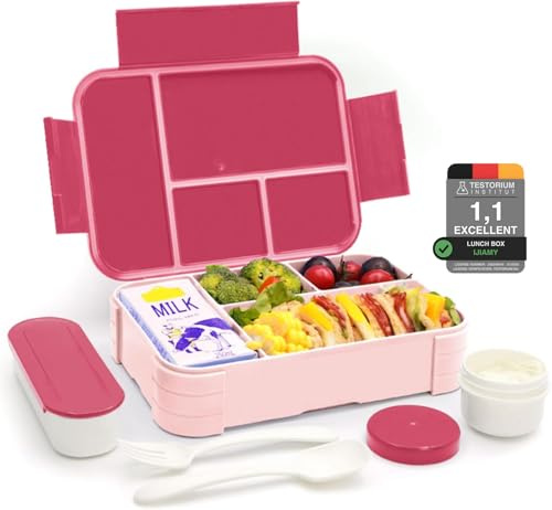 IJIAMY Brotdose Kinder mit Fächern, Bento Box Kinder, Auslaufsicher Lunchbox Kinder, Brotbox für Mädchen & Jungen, Snackbox, Perfekt für Schule, Kindergarten & Ausflüge (Macaron Rosa)
