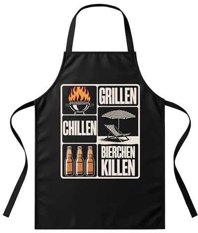 UGLYSHIRT Grillschürze Herren Grillen Chillen Bierchen Killen | Lustige BBQ Schürze mit Spruch | Geschenk für Männer, Bierliebhaber, Grillmeister, Vatertag, Geburtstag – Schwarz – One Size