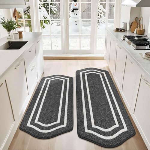 COSY HOMEER Kitchen Rugs and Mats Sets of 2PCS Non Slip Kitchen Mats for Floor Washable Kitchen Runner Stain Resistant Standing Mat for Kitchen,Sink,24x48+24x59,Black
