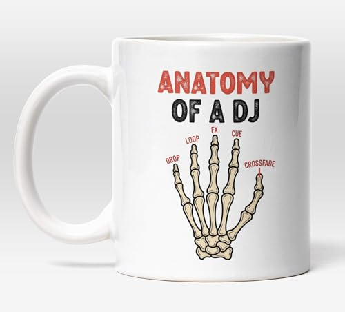 Millhouse Prints Anatomy of a DJ Mug – Funny Coffee Cup for Music Producers and Turntable Lovers – Skeleton Hand DJ Humor Drinkware