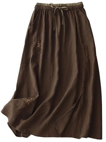 Faldas de lino para mujer con bolsillos, falda larga de verano para mujer, cintura elástica, faldas largas bordadas para mujer, vestidos bohemios acampanados, casuales, lisos, café, L