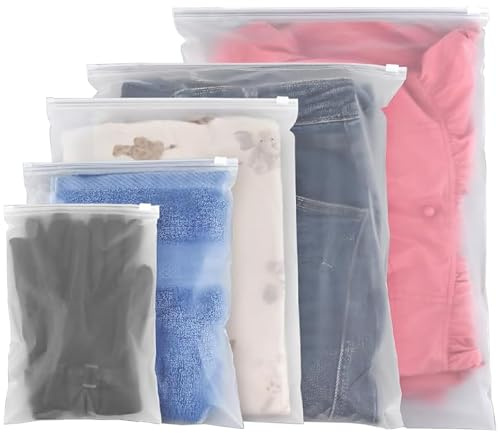 HIGA-JKL 50 Stück Wasserdichte Zip Beutel Reisetasche, Gefrostete Wiederverwendbare Plastiktüten Aufbewahrungsbeutel mit Zipper, 5 Größen für Kleidung, Unterwäsche, Schuhe, Kosmetik
