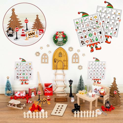 COOLUCK 73 Stück Wichteltür Set mit Zubehör - Holzwichtel Deko Set inkl. Tür, Möbel, Verkehrsschild & Aufkleber, DIY Weihnachtsdekoration, Kein Spielzeug, Für Erwachsene & Wichtelfans