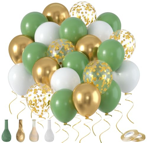 Grüne Eukalyptus Luftballons 50 Stück 12 Zoll (30cm) - Retro Olive Salbei Grün, Gold, Weiß. Helium Ballons Set für Geburtstag, Hochzeit, Baby Shower, Jubiläum Party Deko