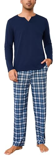 Bresdk Pyjama Homme Hiver Ensembles de Pyjama Coton Manches Longues Vêtements de Détente Doux Carreaux Long Loungewear 2 Pièces