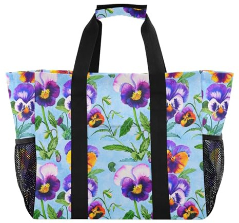 Bolsas de playa para mujer, bonitas bolsas de compras reutilizables con diseño floral, bolsa de tela para comestibles, toalla de acuarela, pensamientos de flores, color azul, bolsa de gran tamaño para