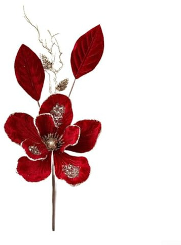 Decorazione floreale in tessuto di magnolia per albero di Natale e centrotavola festivi, accento floreale artificiale per uso stagionale (rosso)