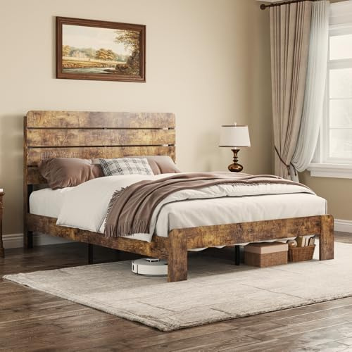 madeslves Bett 160x200 Mit Matratze und Lattenrost – Holzbett Bettrahmen mit Kopfteil und Lattenrost, Rustikales Bettgestell,Stabil, Leise und Einfach zu Montieren