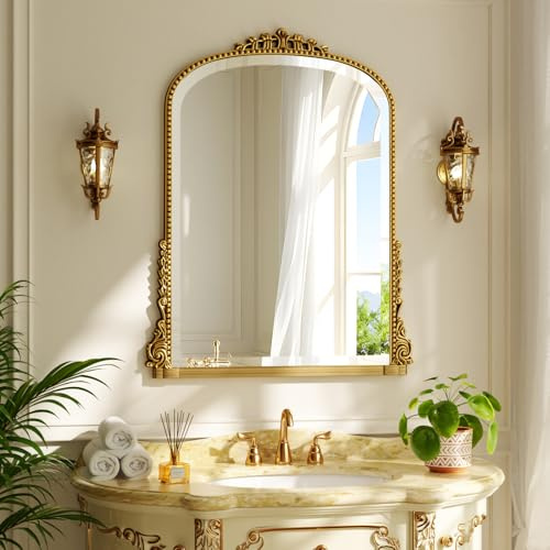 Koonmi Arched Mirror with Beaded Ring 60x80 cm – Bathroom Mirror for Above Sink, Wall Decoration with Metal Frame for Entrance, Bedroom and Living Room, Gold