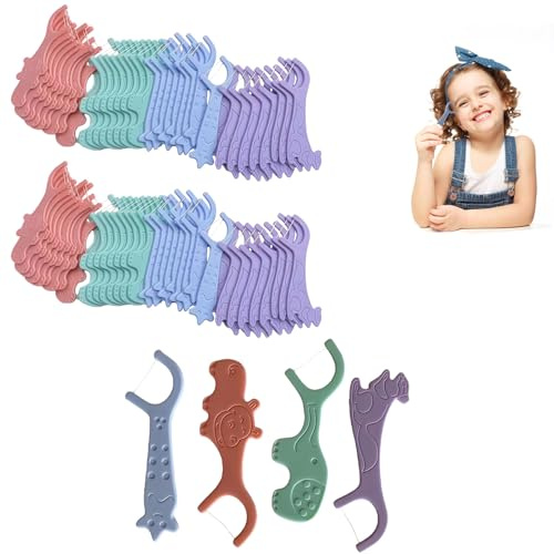 2 Confezioni Filo Interdentale per Bambini, 80 Stick con Impugnatura a Forma di Animale, Filo Sicuro e Delicato per Pulizia Interdentale Denti e Gengive, Igiene Orale per Bambini dai 3 Anni