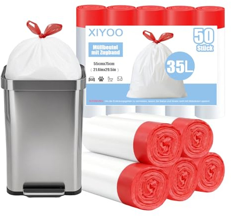 XIYOO Weiß Müllbeutel 35l mit Zugband 50 Stück Müllsäcke Reißfest Mülltüten für Küche Große Abfallbeutel