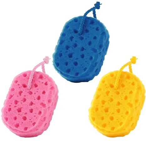 Healeved Esponjas de Baño Exfoliantes y Esponjas para Ducha 3 Unidades de Tamaño Medio en Colores Amarillo, Azul y Rosa, Reutilizables, para Mujeres y Hombres, Cuidado Corporal y Limpieza
