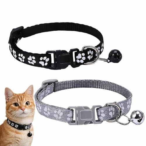 2 Pezzi Collare Gatto e Cane Riflettente, Collari Per Gatti e Cani Antistrozzo Con Campanellino E Fibbia Di Sicurezza, Stampa Zampa Carina 18-33Cm
