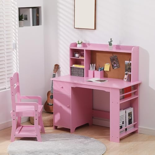 Niwugady Kinderschreibtisch in Rose mit Aufbewahrungsschrank & Schubladen, Jugendschreibtisch 82x46x102cm mit Höhenverstellbare Stuhl, Schreibtisch Kinder, Schülerschreibtisch für Kinderzimmer, Rose
