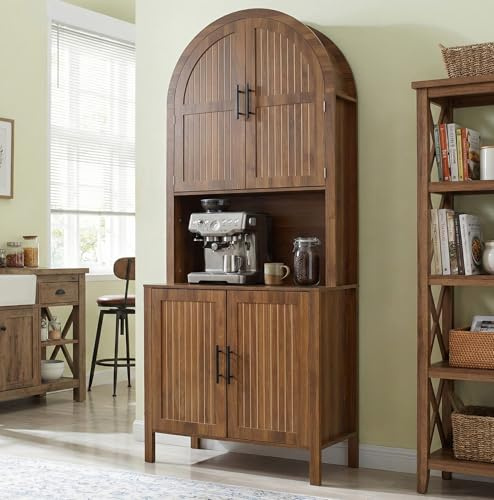 76 Tall Arched Kitchen Pantry, Large Kitchen Storage Cabinet with Fluted Doors and Microwave Stand, Modern Wood Buffet Sideboard, Adjustable Shelves, Cupboard for Dining Room, Living Room, Walnut