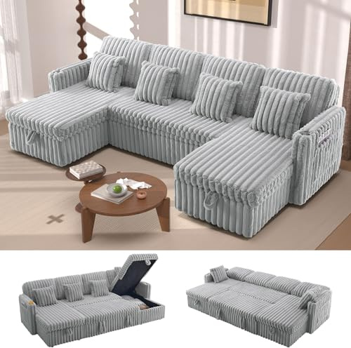Repantes 107'' Sectional Sleeper Sofa with Pull Out Bed, Storage Chaise, Adjustable Backrest, USB Charger, Cup Holder & Side Pocket, Fluffy Soft Corduroy U Shaped Couch for Living Room, Grey
