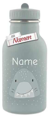 Trixie Kinder Trinkflasche mit Gravur Fisch, Mr. Shark, mit Namen graviert - Edelstahl 350 ml, matt, rund, farbiges Tier-Design, spülmaschinenfest, für Schule Reisen Zuhause