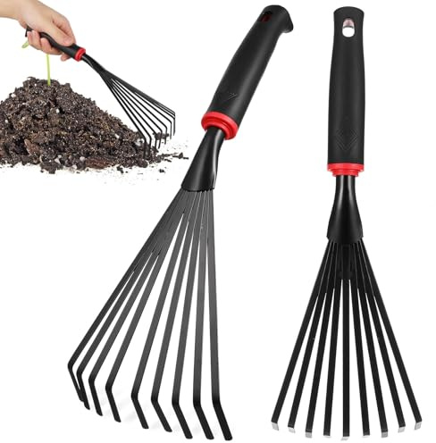 jojofuny 2 Piezas Rastrillos de Mano para Jardín , Rastrillo Pequeño de Hierro Mango Ergonómico Corto, Herramienta Manual de Cultivo y Recolección de Hojas para Jardinería y Cuidado del