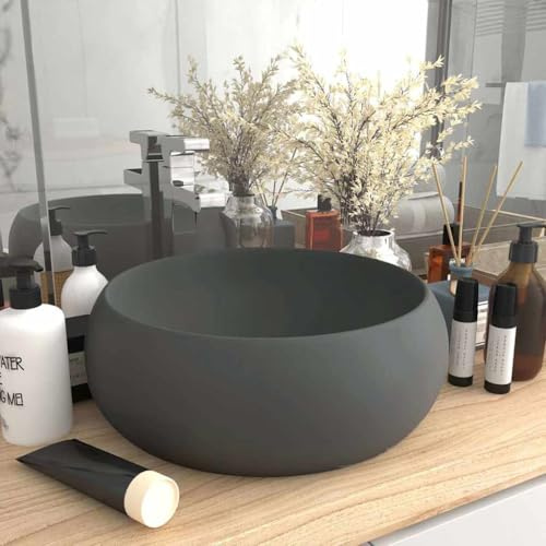Lavabo da appoggio rotondo, grigio scuro, 40 x 15 cm, in ceramica, per bagno e WC degli ospiti