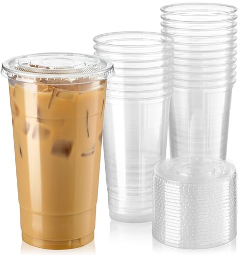Fit Meal Prep 50 Pack 32 oz Clear Plastic Cups with Flat Lids, Disposable Iced Coffee Cups, BPA Free Premium Crystal Smoothie Cup for Party, Lemonade Stand, Cold Drinks, Juice, Milkshake