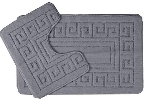 EDS Luxury 2 Piece Greek Bath Mat Set Non Slip Ultra Soft Bathroom Mats Water Absorbent Bath Mats Machine Washable Rug Toilet Mat for Bathroom Floor (Charcoal)