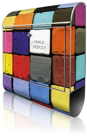 banjado Design Briefkasten personalisiert 38,5x46,5x13cm & 2 Schlüssel - Briefkasten Stahl Silber Zeitungsfach pulverbeschichtet - Postkasten A4 Einwurf inkl. Montagematerial - Motiv Bunte Kreide
