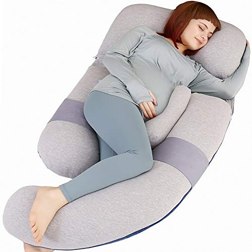 MOON PINE 152,4 cm Schwangerschaftskissen, abnehmbares U-förmiges Ganzkörperkissen zur Unterstützung der Schwangerschaft, Schlafkissen für schwangere Frauen (Grau, Blau, Samt und Jersey)