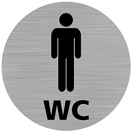 Pictogramme WC Homme (Q0420). Autocollant Souple Effet alu brossé ou Plaque de Porte alu brossé EP 2mm au Choix - Diamètre 83 mm - Adhésif Aspect Aluminium brossé - Adhésif Aspect Aluminium brossé -