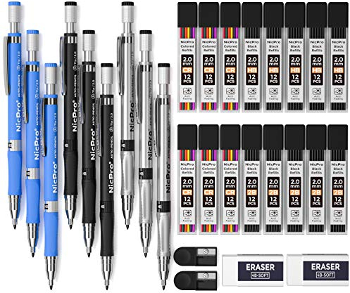 Nicpro 29 Stück 2mm Druckbleistift Set, 3 Stück Fallminenstift 2,0 mm für das Kunstzeichnen, Skizzieren, Konstruktion mit 192 Bleiminen (HB 2B Farben), 2 Radiergummis, 2 Anspitzer