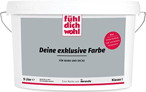 derendo Fühl Dich Wohl Deine Farbe grau, matte Wandfarbe grau, hohe Deckkraft, verschiedene Grautöne zur Auswahl (5L, Betongrau)