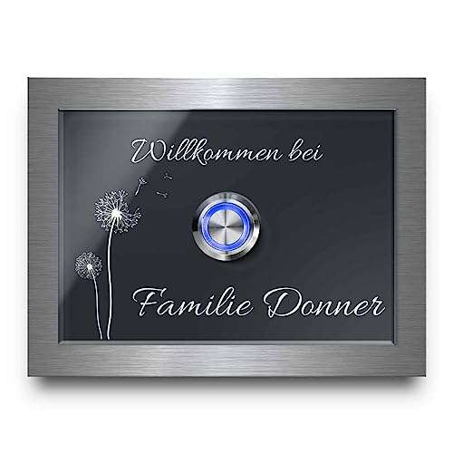 Türklingel mit Gravur und einem LED Klingelknopf | Moderne Klingel Donner für die Haustür | Klingelschild Edelstahl mit Motiven 12x9 cm in Hochglanz schwarz oder anthrazit - Klingeltaster