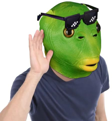 BONHHC Cappa in Lattice Animale, Maschera Viso di Pesce Verde e Rana, Realistica per Halloween/Natale/Carnevale, Accessorio per Giochi di Ruolo per Adulti