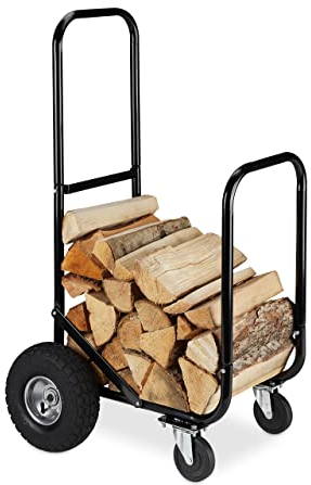 Relaxdays Carrello per Legna, da Trasposto, in Acciaio, 2 Pneumatici e 2 Ruote, capacità di Carico Fino a 60 kg, Nero, 1 pz