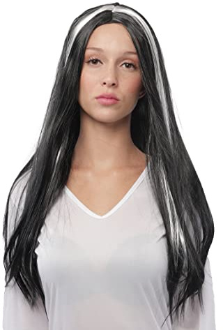 Peluca de Vampiresa Diablo de Halloween para Mujer, Pelo Largo y Liso de Cosplay, Pelucas Sintéticas de Fibra resistente al Calor de Alta Temperatura (JS-129-NEGRO/BLANCO)