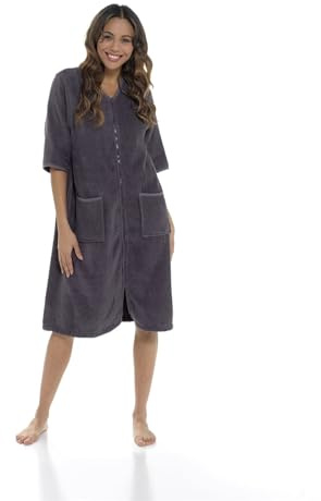 Fashion Junction Ladies/Womens 100% Cotton Terry Towelling Zip Front Dressing Gown/Bathrobe/Housecoat (Dark Grey, XL)