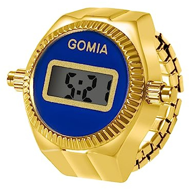 JewelryWe Ringklocka, fingerklocka, dam digital klocka – guld, rund, digital elastisk rostfritt stål, ring, klocka, kvinnor, fingerringklocka, klockring med kalender, stoppur och blå urtavla, Guld-blå
