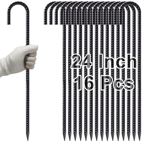 VVOKGO Bewehrungsstäbe, 61 cm, J-Haken, robuste Bodenanker (16 Stück), 3/8 Zoll Durchmesser, Metall, Stahl, extra Lange Zaunpfähle mit Meißelspitzenende für Gewächshaus, Pavillon, Carport