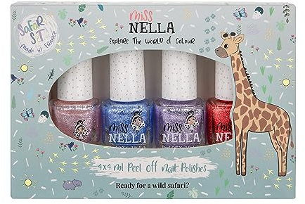 Miss Nella magische Safari Glitzer Nagellack 4er Set: rosa, rot Lila & blau, abziehbarer Nagellack speziell für Kinder, Peel-Off-Formel, ungiftig, wasserbasiert und geruchsneutral (Safari)