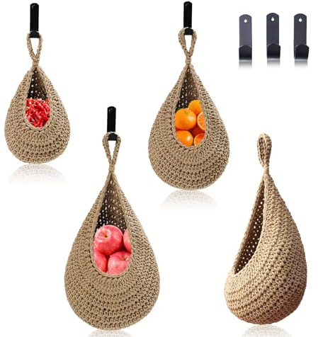 MKO SHUN Hanging Fruit Basket Set of 3, Boho Wall Hanging Storage Jute Basket for Organizing & Decor, Handmade Teardrop Hammock Holder for Onion Fruit Vegetable in Home & Restaurant Kitchen with Hooks